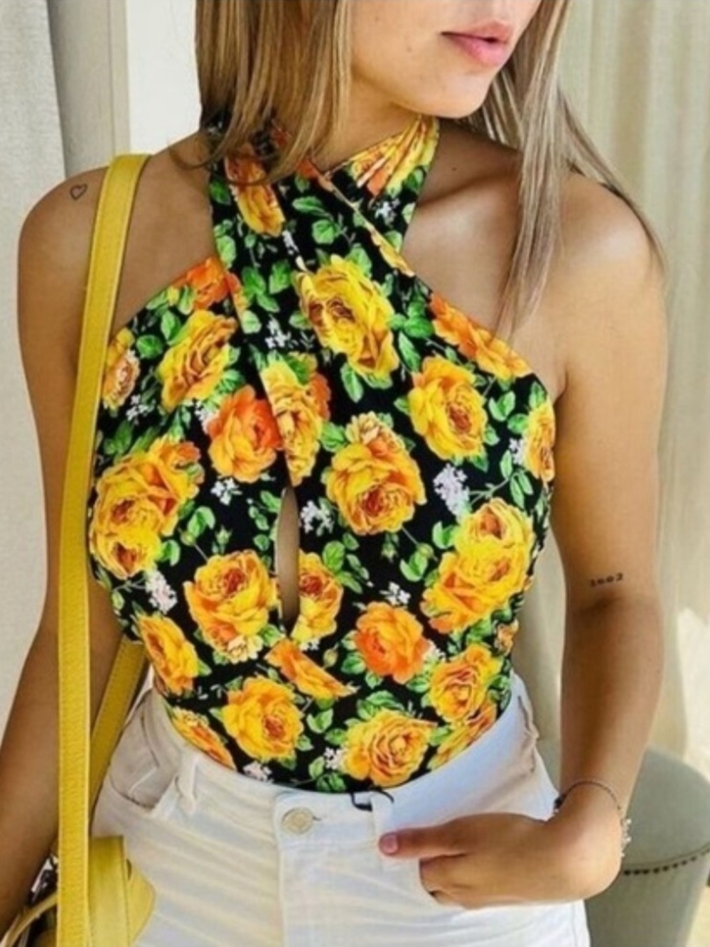 Zara Black Halter Camisole with Yellow Rose Print